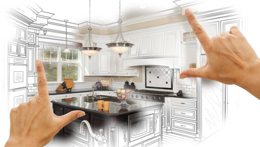 Female Hands Framing Custom Kitchen Design Drawing and Photo Combination.